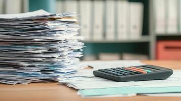 Piles of tax receipts and documents scattered on desk with calculator photo