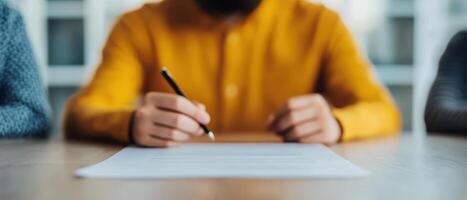 Family discussing investment plans at table, focused on paperwork photo