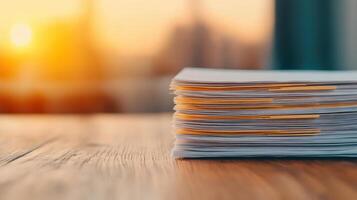 Stack of papers with highlighted tax deductions, warm sunset glow photo