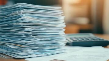 large stack of tax receipts and documents cluttered on desk, with calculator nearby, evokes sense of financial chaos and disorganization photo