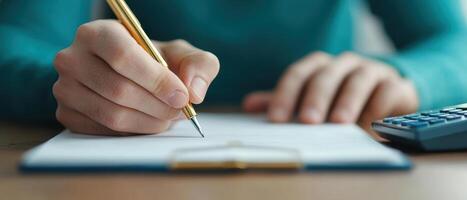 Writing in budget planner with pen, focused on financial planning photo