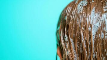 Hair being rinsed with clean water, showcasing bubbles and texture photo