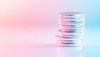 Stacked coins with soft gradient background create modern financial theme photo