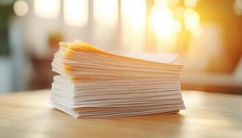 stack of documents on wooden table, illuminated by warm sunlight, creates cozy atmosphere photo