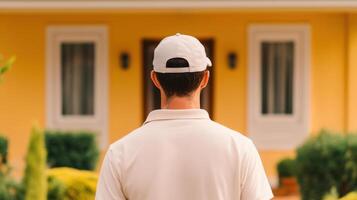 Delivery person in cap approaching yellow house, ready to deliver. scene conveys friendly atmosphere photo