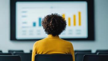 team member attentively observes presentation with charts and graphs. focus is on data displayed, highlighting engagement and analysis photo