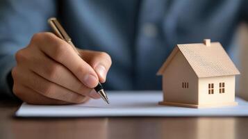 Close up of hands signing property insurance document with model house, symbolizing home ownership and security photo