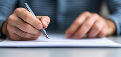 close up of hands holding pen, writing notes on paper, showcasing focus and creativity photo