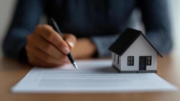 close up of hands signing property insurance policy with model house nearby, symbolizing home protection and security photo