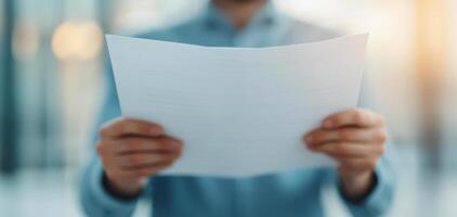 Close up of hands holding document, showcasing focus and clarity in professional setting photo