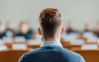man with short hair sits attentively at financial seminar, focused on presentation. atmosphere is professional and engaging photo