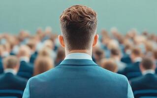 Individual at financial seminar, focused on audience, engaged in learning. atmosphere is professional and inspiring photo