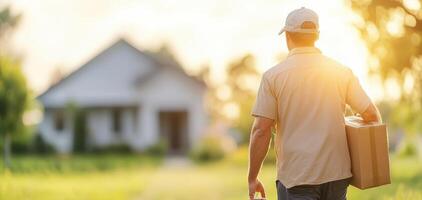 delivery driver approaches house carrying package, showcasing dedication and service photo