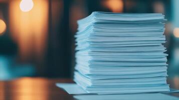 Stacks of paperwork with highlighted tax deductions in blurred background, conveying sense of organization and focus photo