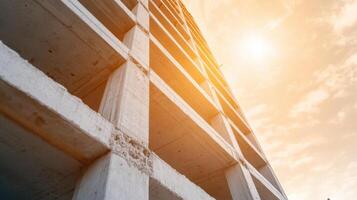 Concrete structure under construction with sunlight illuminating scene, showcasing modern architecture and urban development photo