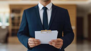 professional insurance broker holding documents at modern desk, exuding confidence and professionalism photo
