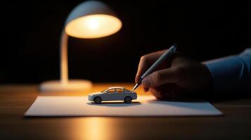 hand signing car purchase agreement with model car under lamp photo