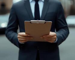 lawyer in suit holding clipboard, ready to address traffic violation. scene conveys professionalism and authority photo