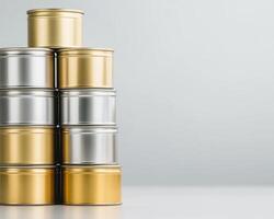 Stack of shiny tin cans reflecting soft light, creating modern aesthetic photo