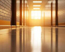 serene school corridor at sunset, illuminated by warm hues and soft light photo