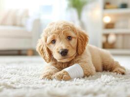 Playful golden doodle puppy with bandaged tail resting on soft rug photo