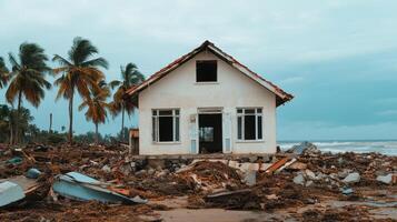 image depicts damaged coastal house surrounded by debris, highlighting impact of climate change photo
