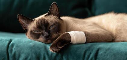 Elegant Siamese cat with bandaged front paw resting on green couch. cat appears calm and relaxed, showcasing its unique features photo