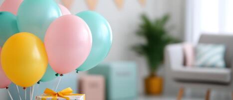 Colorful balloons and gift box create festive atmosphere for baby shower celebration. soft pastel colors enhance joyful mood photo