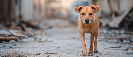 stray dog walks through abandoned town, showcasing resilience and solitude. scene evokes sense of longing and survival amidst decay photo