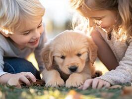 Two children joyfully playing with golden retriever puppy outdoors, surrounded by autumn leaves, creating heartwarming scene of friendship photo