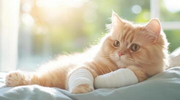 Resting Persian cat with bandaged paws, enjoying sunny afternoon photo