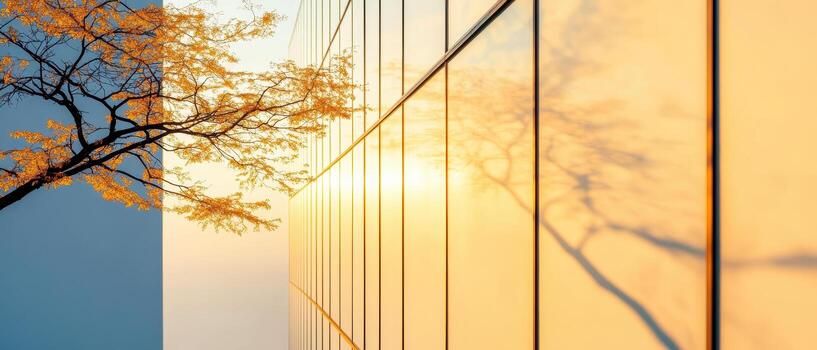 serene view of modern building reflecting warm autumn colors and tree shadows photo