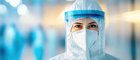 Healthcare worker in protective suit, focused and ready for duty, showcasing dedication and safety in medical environment photo
