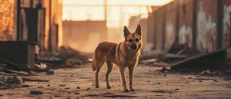 stray dog walks through abandoned town, evoking sense of solitude and resilience photo