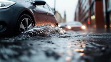 Flooded urban streets with stranded cars during heavy rain create dramatic scene photo