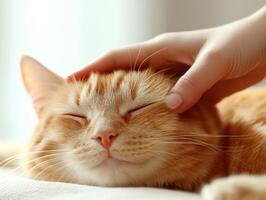 relaxed orange cat enjoys gentle massage, showcasing its soft fur and content expression photo