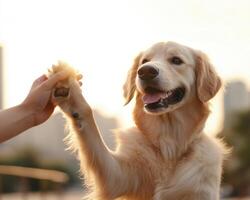 Golden retriever enjoying paw massage in sunny outdoor setting, radiating happiness and warmth photo