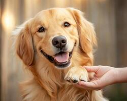 Golden retriever enjoying gentle paw massage, radiating happiness and love. This adorable dog showcases joyful expression and warm connection photo