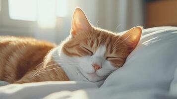 relaxed cat lounging on plush bed, enjoying peaceful moment in sunlight photo