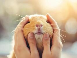 Joyful hands massaging guinea pig head, creating warm connection photo