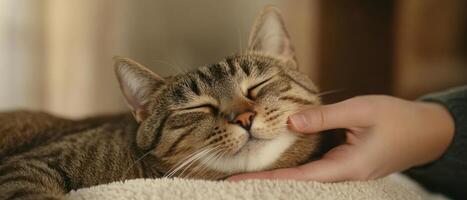 relaxed cat enjoys gentle back rub, expressing pure bliss and contentment photo