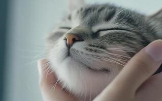 Gently massaged cat face close up, expressing contentment and relaxation photo
