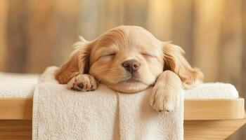 relaxed puppy lying on massage table with towel, eyes closed, exuding calmness and comfort photo