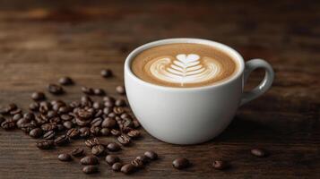 Matcha latte art in white ceramic cup on rustic wooden table, surrounded by coffee beans, creating warm and inviting atmosphere photo