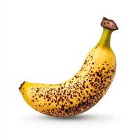 single ripe banana with natural curve, showcasing its rich yellow color and distinctive brown spots, perfect for healthy snacking photo