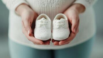 Close up of woman hands holding white baby shoes, symbolizing joy and anticipation of new life photo