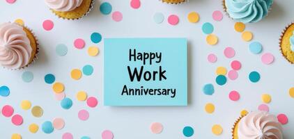 Happy Work Anniversary with colorful cupcakes and confetti creating festive atmosphere. Celebrate achievements and milestones photo