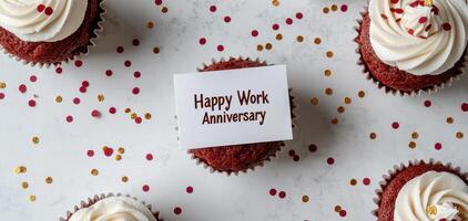 Happy Work Anniversary card on red velvet cupcake surrounded by confetti, creating festive atmosphere for celebration photo