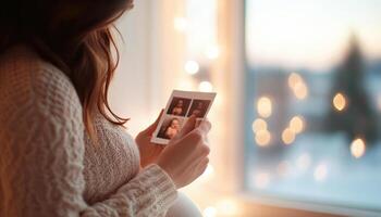 pregnant woman holding ultrasound photos, surrounded by soft lights, captures moment of joy and anticipation photo