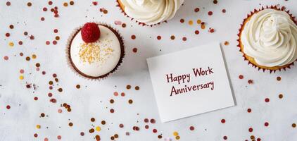 Happy Work Anniversary card with cupcakes and confetti creates festive atmosphere photo